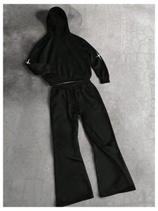 Mens Jogger Set Custom Rhinestone Heavyweight Streetwear Tracksuit Print Acid Wash <b>Distressed</b> Hoodie and Flare Sweatpants Set - Product Image 2