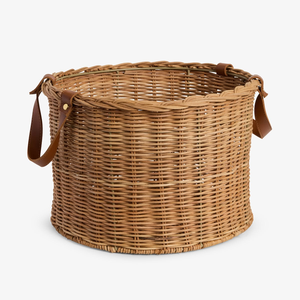 Cylindrical brown <b>wicker</b> <b>laundry</b> <b>basket</b> featuring an open lattice pattern, a removable fabric liner, and a flat woven lid, - Product Image 2