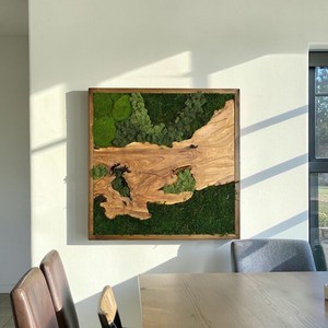 Handmade Wooden Moss Landscape Art <b>Square</b> Rustic Wall Decor Dark Brown <b>Frame</b> Green Foliage Design Home Decoration - Product Image 5