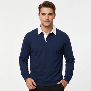 Polo de Manga Larga Azul Marino para Hombre, Estilo Casual de Algodón Tejido Sólido con Cuello Blanco y Diseño de Botones, Hecho en Bangladesh - Product Image 3