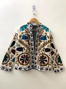 Factory Price Suzani Embroidered Floral Cotton Velvet <b>Bomber</b> <b>Jacket</b> Reversible Boho <b>Vintage</b> Short Free Size Ethnic Linen Lining - Product Image 1