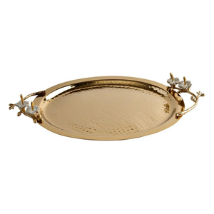 Bandeja decorativa ovalada de metal con acabado dorado y asas con motivos florales, ideal para servir en eventos festivos y fiestas. - Product Image 2