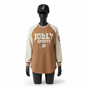 Camiseta de Béisbol para Mujer, Tela Interlock de Poliéster Premium, Panel Raglán Marrón, Logotipo Personalizado Termosellado, Camiseta de Béisbol de Algodón para Mujer - Product Image 6