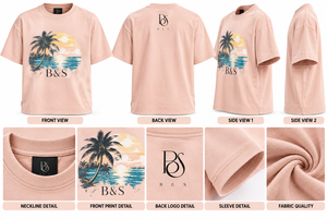 เสื้อยืดคอกลมแขนสั้นสีชมพูสำหรับผู้ชาย ลายพิมพ์วินเทจต้นปาล์มพระอาทิตย์ตกชายหาด เสื้อยืดลำลอง - Product Image 6