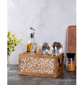 Organizer Farmhouse Utensil Holder with Metal Handles Wholesale Custom 4 Compartment <b>Wooden</b> Silverware <b>Caddy</b> Cutlery Flatware - Product Image 2