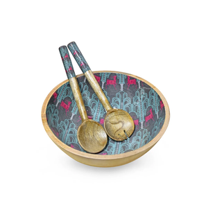 Bol en bois fait main avec motif bohème à l'intérieur et cuillères assorties pour servir les aliments à prix avantageux - Product Image 1