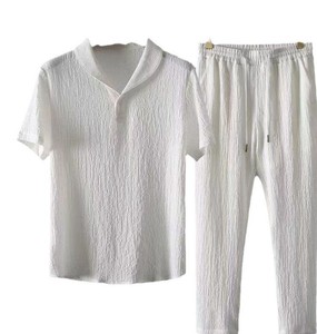 Men's Cotton <b>Waffle</b> Knit Short Sleeve <b>Shirt</b> & Shorts Set Solid Color Turn-down Collar Casual Summer Wear - Product Image 3