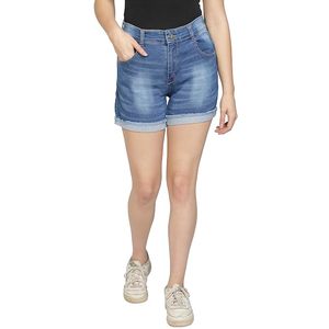 Shorts en jean bleu pour femme, écologiques, confortables, en coton délavé, décontractés, coupe classique, couleur unie, fermeture boutonnée - Product Image 1