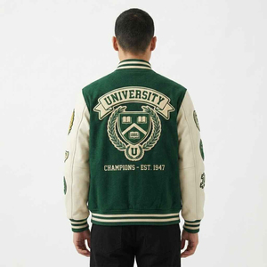 Veste universitaire en laine véritable bleue et rouge pour homme avec manches en cuir et patchs en chenille, veste bomber style universitaire - Product Image 6