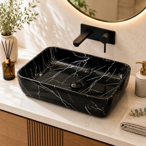 Lavabo Rectangular de Mármol Negro Estilo Tribal, Moderno y Duradero, de Cerámica, Fácil de Limpiar, Hecho en India - Product Image 4