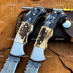 High Quality Best Seller Damascus Steel Folding Knife ELK Horn Handle Hunting Knife EDC OEM Folding Pocket Knife with Pouch - Product Image 2