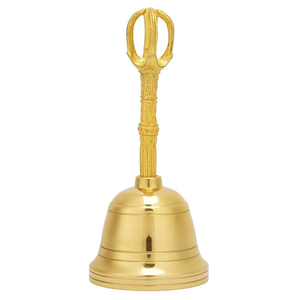 Shiny brass prayer hand bell featuring a Lord Ganesha medallion finial, available at wholesale prices. - Product Image 4