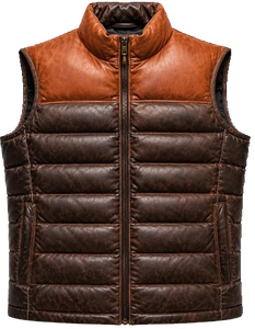 Gilet matelassé en cuir d'agneau véritable pour homme, style matelassage losanges, effet vieilli, sans manches - Product Image 1