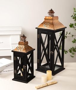 Farol de Madera Vintage, Portavelas Decorativo de Mesa con Tapa Metálica, Decoración Rústica para el Hogar Estilo Granja - Product Image 6