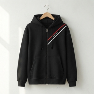 Custom Black <b>Full</b> <b>Zip</b> Hoodie Diagonal Stripe Detail Oversized Streetwear Hooded <b>Sweatshirt</b> - Product Image 3