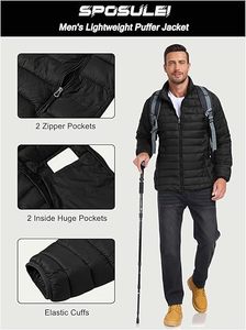 <b>Men's</b> Lightweight Packable Down Coat Waterproof Winter Hooded Stand Collar 100% Down Custom Quilted Storage <b>Pouch</b> - Product Image 4