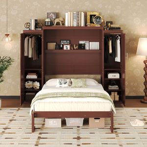 Multifunctional Full-Size Wooden Murphy <b>Bed</b> <b>with</b> 2 Wardrobe <b>Storage</b> Shelf Foldable <b>Platform</b> Bedframe by Gu - Product Image 2