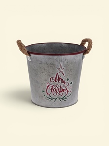 Vintage Metal Christmas Bucket With Rope Handles Merry Christmas <b>Tree</b> Design Decorative <b>Planter</b> - Product Image 1