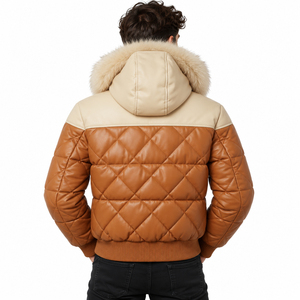 Blouson Bomber matelassé en cuir de vachette pour homme, color block, chaud et respirant pour l'hiver, écoresponsable, coupe-vent, fermeture éclair frontale, style moto - Product Image 2