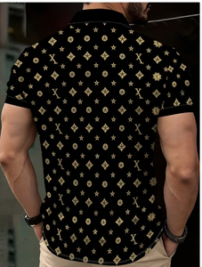 Polo décontracté pour homme à manches courtes, imprimé noir et or, avec fermeture éclair, en polyester tissé respirant, coupe classique - Product Image 4