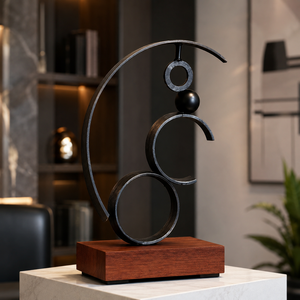 Escultura Metálica Abstracta Negra Moderna con Base de Madera, Decoración de Mesa con Arco Circular, Adorno de Lujo para el Hogar, Oficina, Hotel, Regalo - Product Image 2