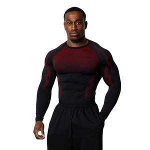 Custom Mens <b>Black</b> Red Graphic <b>Long</b> <b>Sleeve</b> Compression Shirt Crewneck Slim <b>Gym</b> Training Rash Guard Athletic Sportswear Base Layer - Product Image 1