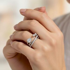 Pear Cut Moissanite Engagement Ring Set <b>Sterling</b> <b>Silver</b> Prong Setting Trendy Luxury Women's <b>Wedding</b> <b>Band</b> Stackable Design - Product Image 4
