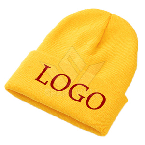 Bonnet unisexe en tricot couleur unie avec logo brodé jaune – Chapeau d'hiver décontracté pour adulte 56-58 cm – Bonnet chaud en acrylique - Product Image 1