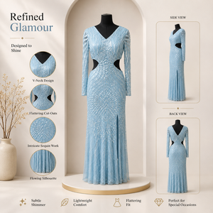 Women Sky Blue <b>Sequin</b> Cutout Maxi Dress V Neck Long Sleeve Bodycon Evening Gown Front Slit Sparkle Wedding Prom Formal Party - Product Image 5