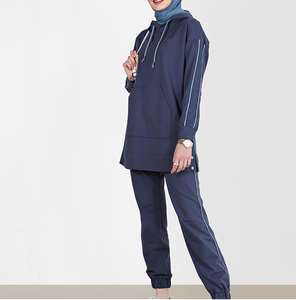 <b>Plain</b> Navy Blue Traditional Islamic Modest Unisex Tracksuits 2Pcs Sets Wash Breathable Elongated Tall <b>Hoodie</b> Modest Track Suits - Product Image 2
