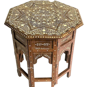 Table d'appoint octogonale artisanale en os incrusté, en bois de Sheesham massif, style marocain, motif floral, table d'appoint pliable pour salon - Product Image 1