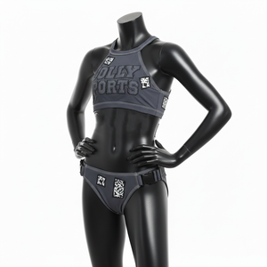 Maillot de bain femme en nylon premium gris foncé avec empiècements contrastants, imprimé silicone, logo personnalisé, sangle à boucle. Bikinis femme. - Product Image 4