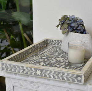 Bandejas para servir de madera de resina MDF de tamaño personalizado, diseño Floral con incrustaciones de hueso de alta calidad, estilo Vintage, hogar, Hotel, servicio de comida Rectangular - Product Image 2