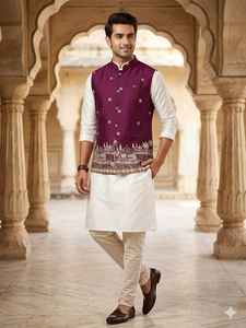 Conjunto de Kurta y Pijama de Seda para Hombre, para Fiestas, con Chaqueta Koti de Satén Malai Bordada - Product Image 4