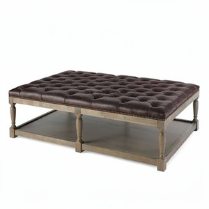 French Style Solid Wood Rectangle Ottoman Coffee <b>Table</b> <b>with</b> Button Fabric Top Elegant Living Room Furniture for Home Use - Product Image 1