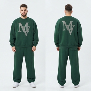 Conjunto de sudadera y pantalón de chándal de algodón con hombros caídos para hombre, estampado de diamantes de imitación, cuello redondo, talla grande, venta al por mayor - Product Image 4