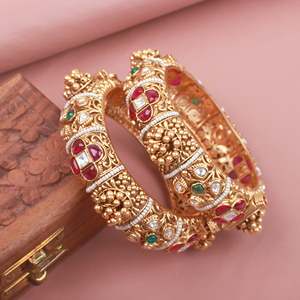Sunidhi Antique Gold Plated Copper Alloy Designer Women's Casual Wedding Cuff Bangles From India - Product Image 2