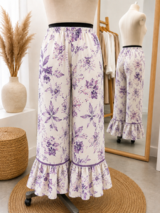 Pantalon de détente droit pour femme à imprimé floral, ourlet à volants, style bohème palazzo, taille élastique, décontracté, 100 % coton, écologique - Product Image 1