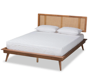 Lit plateforme scandinave à profil bas en teck massif de style Mid-Century Modern avec tête de lit en rotin naturel, taille King Size - Product Image 3