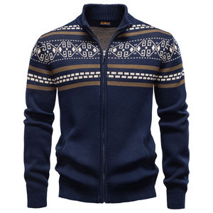Customized Sweater Knitted Zipper <b>Cardigan</b> Sweater Geometric Pattern Full Sleeve Winter Wear <b>Navy</b> Blue Acrylic Material - Product Image 1