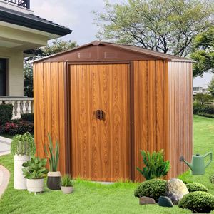 Abri de jardin en métal imitation bois de 1,83 m de large x 1,83 m de profondeur avec bordure couleur café et revêtement horizontal attrayant pour un look harmonieux - Product Image 1