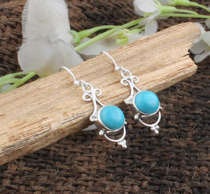 Pendientes de Turquesa Natural, Plata de Ley 925, Pendientes Colgantes Vintage, Piedra Azul Genuina, Joyería Étnica, Fabricante Mayorista - Product Image 5
