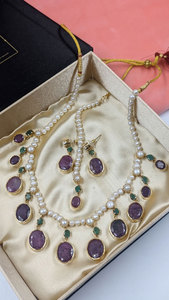 Parure de bijoux faite à la main en améthyste et perles, collier et boucles d'oreilles pendantes en or avec pierres précieuses violettes, cadeau traditionnel pour femme - Product Image 4