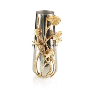 Florero de Lujo de Acero Inoxidable con Acabado Plateado y Flores Doradas, Diseño de Alta Calidad, Gran Venta, Decoración para Hogar y Hotel - Product Image 1