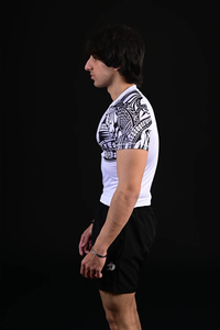Men's White Short Sleeve Crew Neck <b>T</b>-Shirt with Front Logo Black Tribal Print Slim Fit Quick Dry Polyester Sport Top - Product Image 5