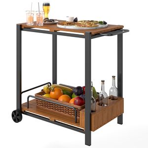 Carrello da Bar a 2 livelli in legno di Acacia con ruote per arrotolare caffè e bevande Set da portata 3 portabottiglie Teak - Product Image 1