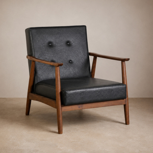 Fauteuil de salon de style mid-century en teck massif, artisanal, écologique, confortable, avec coussin en tissu de qualité supérieure, finition noyer - Product Image 1