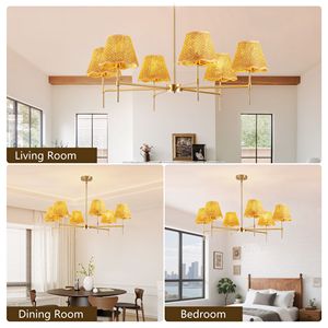 Lampadario Boho in Rattan a 6 Luci, Lampada a Sospensione Rustica Industriale, Grande Illuminazione Regolabile per Isola Cucina D - Product Image 6