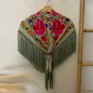 High Quality <b>Purple</b> Embroidered Floral Fabric Triangle Tablecloth with Tassel Fringe - Product Image 3