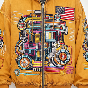 Men's Oversized Hooded Sweatshirt Yellow Hand Embroidered Cartoon Car Design Zipper Front Streetwear Autumn Wear - Product Image 5
